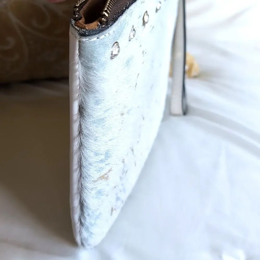 Patricia Nash Cassini White/Aqua Metallic Cow Hair Medium Clutch With Crystals - Picture 12 of 16